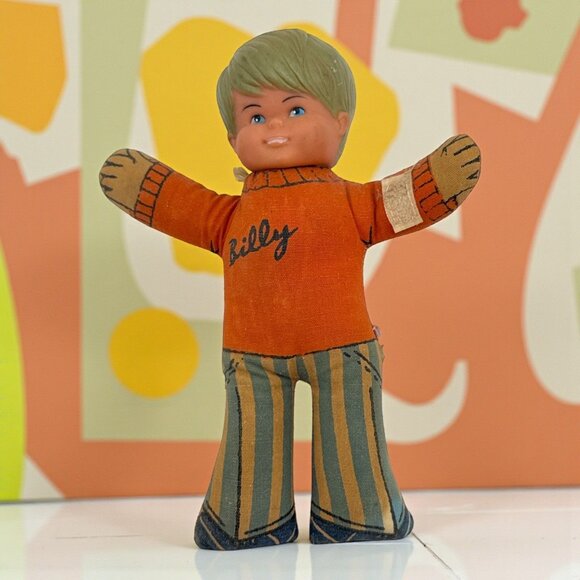 Vintage Billy Cloth Doll with Plastic Head – Retro 1970s Striped Pants & Orange - Picture 1 of 7